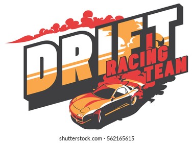 Burnout car, Japanese drift sport car, Street racing, racing team, turbocharger, tuning. Vector illustration for sticker, poster or badge