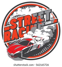 Burnout car, Japanese drift sport car, Street racing, racing team, turbocharger, tuning. Vector illustration for sticker, poster or badge