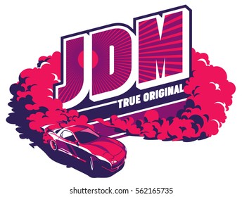 Burnout car, Japanese drift sport car, Street racing, racing team, turbocharger, tuning. Vector illustration for sticker, poster or badge