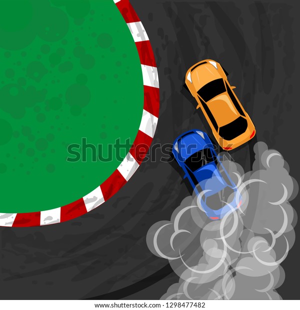 Burnout\
car, Japanese drift sport car. pair drift two cars on the turn of\
the racetrack. Vector illustration for\
sticker