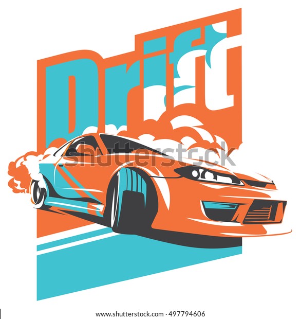 Burnout car, Japanese drift sport car, JDM, racing\
team, turbocharger, tuning. Vector illustration for sticker, poster\
or badge