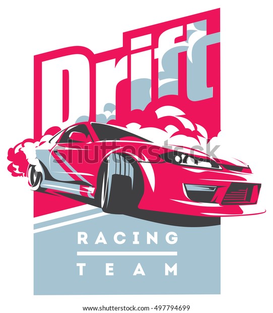 Burnout car, Japanese drift sport car, JDM, racing\
team, turbocharger, tuning. Vector illustration for sticker, poster\
or badge