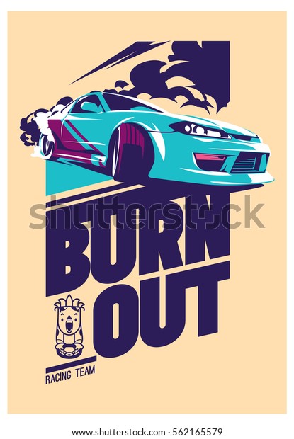Burnout car, Japanese drift sport car, Street\
racing, racing team, turbocharger, tuning. Vector illustration for\
sticker, poster or\
badge