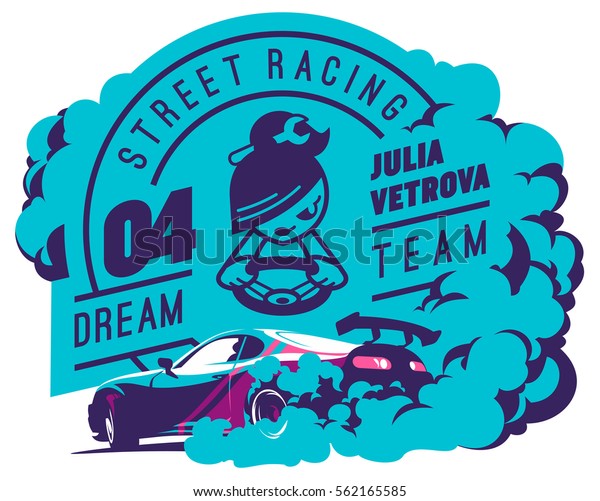 Burnout car, Japanese drift sport car, Street
racing, racing team, turbocharger, tuning. Vector illustration for
sticker, poster or
badge