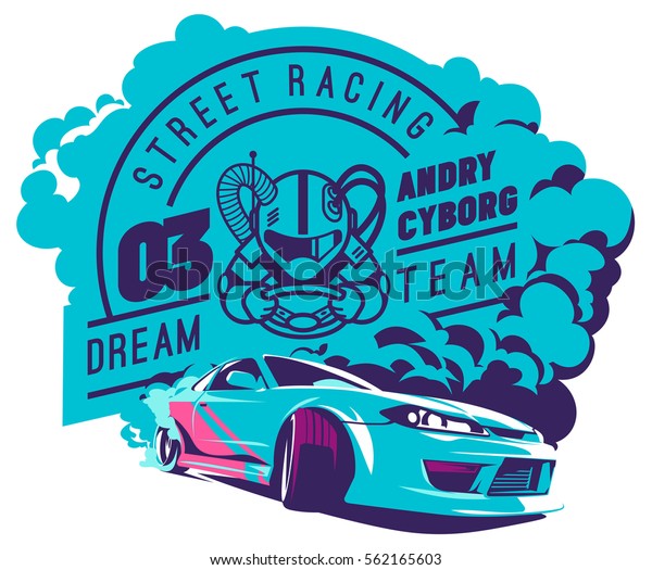 Burnout car, Japanese drift sport car, Street\
racing, racing team, turbocharger, tuning. Vector illustration for\
sticker, poster or\
badge