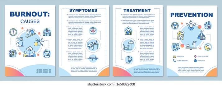 Burnout causes brochure template. Symptomes, treatment, prevention. Flyer, booklet, leaflet print, cover design with linear icons. Vector layouts for magazines, annual reports, advertising posters