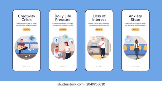 Burnout causes onboarding mobile app screen flat vector template. Tired of work. Walkthrough website 4 steps with characters. Creative UX, UI, GUI smartphone cartoon interface, case prints set