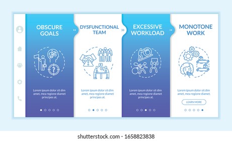 Burnout Causes Onboarding Vector Template. Unproductive Teamwork. Woman At Boring Job. Problem In Office. Responsive Mobile Website With Icons. Webpage Walkthrough Step Screens. RGB Color Concept