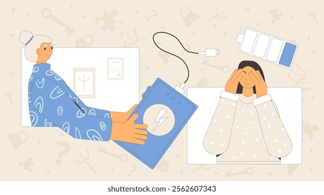 Burnout cbt psychotherapy. Online counseling session. Tired character with psychologists. Client with depression and empty battery indicator with powerbank metaphor. Vector concept illustration.