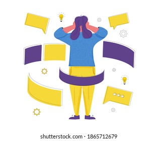 Burnout. Character get too much information. Concussed female person surrounded symbols of overload. Scared woman putting her hands over her ears. Vector flat color illustration.