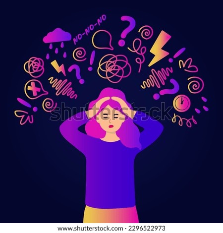 Burnout. Character get too much information. Concussed female person surrounded symbols of overload. Scared woman putting her hands over her ears. Vector flat color illustration.