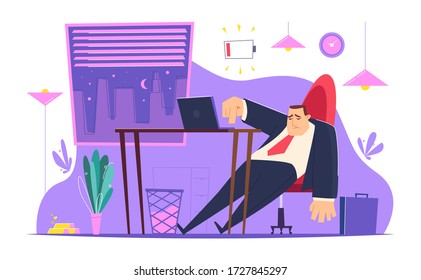 Burnout character in office. Lazy tired managers young entrepreneur depression people bad atmosphere vector business concept