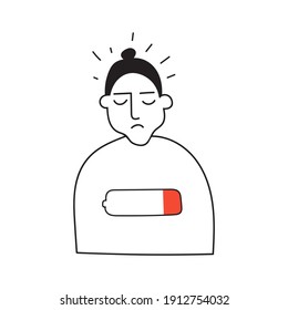 Burnout concept. Battery with low energy. Icon of tired woman. Vector outline illustration on white background.