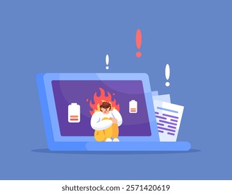 burnout concept. exhausted energy. tiredness and exhaustion from work. worker or employee problems. illustration of a man sitting on a laptop because he is tired and burnt out. flat style design