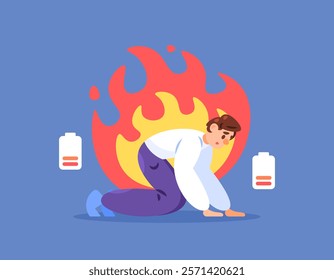 burnout concept. exhausted energy. tiredness and exhaustion from work. worker or employee problems. illustration of a man crawling because he is tired and unable to stand. flat style design. elements