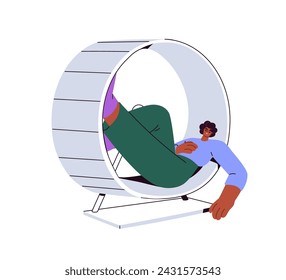 Concepto Burnout. Agotado personaje cansado dejó de correr en la rueda del hámster, abandonando la carrera de ratas. La fatiga de la mujer sobrecargada de trabajo de rutina. Ilustración vectorial gráfica plana aislada sobre fondo blanco