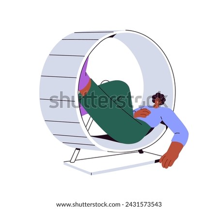 Burnout concept. Exhausted tired character stopped running in hamster wheel, quitting rat race. Overworked woman fatigue from routine. Flat graphic vector illustration isolated on white background