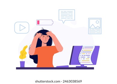 Burnout concept, featuring an exhausted office worker sitting at a desk. Frustrated employee dealing with mental health issues. Vector illustration in flat style.