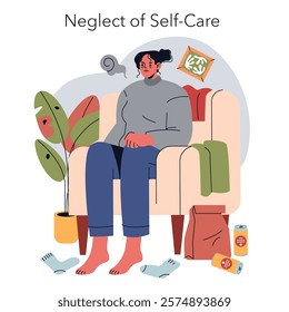 Burnout concept. Illustrated woman experiencing self-care neglect amidst a cluttered living space. Mental health awareness and lifestyle impact. Vector illustration.