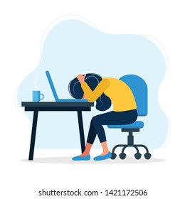 Burnout concept illustration with exhausted female office worker sitting at the table. Frustrated worker, mental health problems. Vector illustration in flat style