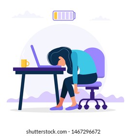 Burnout concept illustration with exhausted female office worker sitting at the table with low battery. Frustrated worker, mental health problems. Vector illustration in flat style