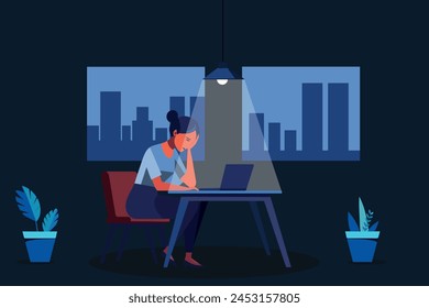 Burnout concept illustration with exhausted female office worker sitting at the table. Frustrated worker, mental health problems. Vector illustration in flat style