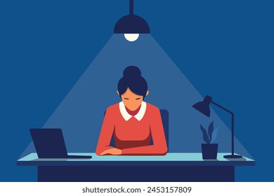 Burnout concept illustration with exhausted female office worker sitting at the table. Frustrated worker, mental health problems. Vector illustration in flat style