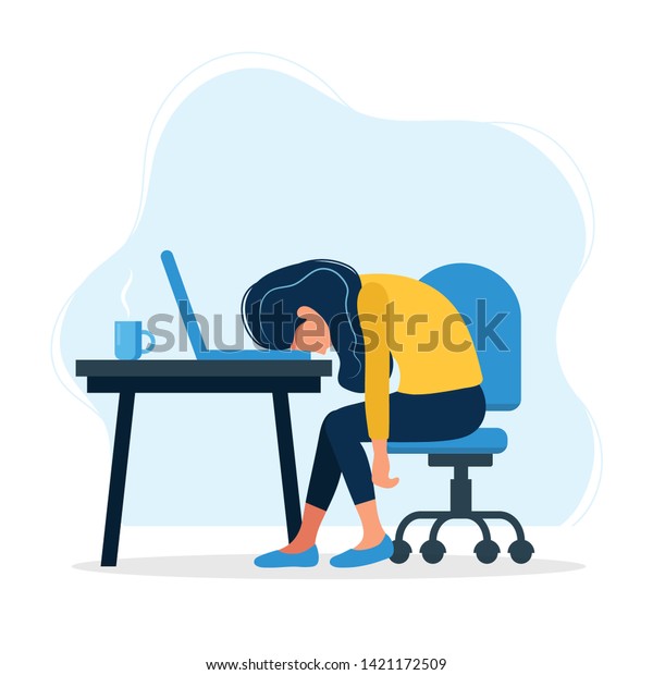 Burnout concept illustration\
with exhausted female office worker sitting at the table.\
Frustrated worker, mental health problems. Vector illustration in\
flat style