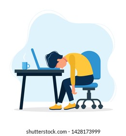 Burnout concept illustration with exhausted man office worker sitting at the table. Frustrated worker, mental health problems. Vector illustration in flat style