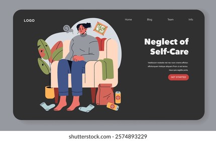 Burnout concept illustration. An exhausted person on a couch surrounded by clutter indicating self-neglect. Awareness for mental health. Vector illustration.