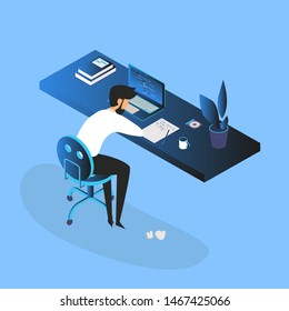 Burnout concept illustration with exhausted young man manager,  office worker sitting at the table. Frustrated worker, mental health problems. Vector illustration in flat style