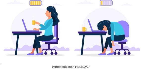 Burnout Concept Illustration With Happy And Exhausted Female Office Worker Sitting At The Table With Full And Low Battery. Frustrated Worker, Mental Health Problems. Vector Illustration In Flat Style