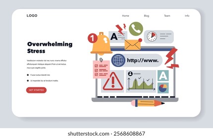 Burnout concept illustration showing stress triggers like notifications, deadlines, and multitasking on a computer screen. Modern workplace challenges. Vector illustration.