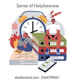 Burnout concept. Individuals overwhelmed by tasks and time pressure. Mental exhaustion, stress, and sense of defeat. Vector illustration.