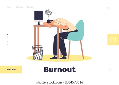 Burnout concept of landing page with tired and exhausted businessman lying on desk overworked and overwhelmed at workplace suffer from professional stress. Cartoon flat vector illustration
