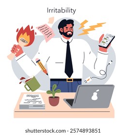 Burnout concept. A man overwhelmed by work tasks exhibits stress and irritability at his cluttered desk. Professional fatigue representation. Vector illustration.