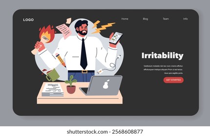 Burnout concept. An overstressed businessman at a cluttered desk showing signs of irritability and exhaustion. Job stress and mental health impact. Vector illustration.