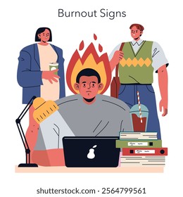 Burnout concept. Overwhelmed employee with metaphorical fire over the head indicating stress. Office setting with concerned colleagues. Vector illustration.