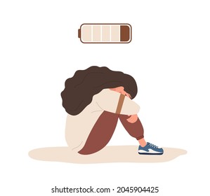 Burnout concept. Tired woman with low battery sitting on floor and crying. Mental health problem. Deadline, stress and fatigue. Vector illustration in flat cartoon style.