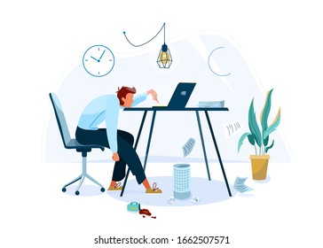 Fondo vectorial concepto de arranque. Trabajador de oficina varón cansado sentado en la silla y tratando de trabajar en la computadora. Dibujo de dibujos animados planos empresariales aislados en fondo blanco.