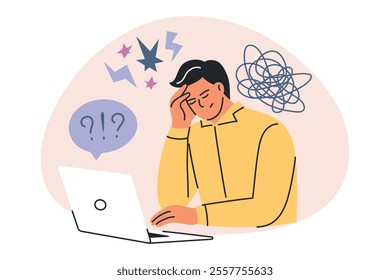 Burnout concept vector illustration. Cartoon man with stress, overwork, and frustration at computer. Flat doodle style, emotional crisis, workplace mental health, anxiety, and pressure icon