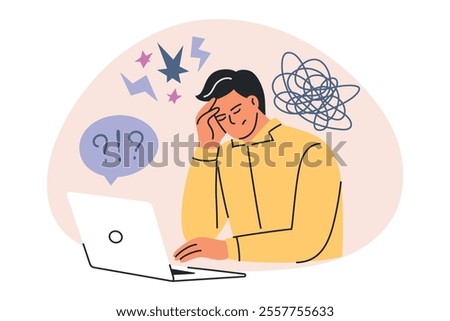 Burnout concept vector illustration. Cartoon man with stress, overwork, and frustration at computer. Flat doodle style, emotional crisis, workplace mental health, anxiety, and pressure icon