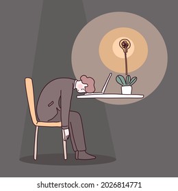 Burnout concept vector illustration. Tired men office worker sitting on the chair, burnout workplace, battery energy low charge, fatigue or exhausted, he request help