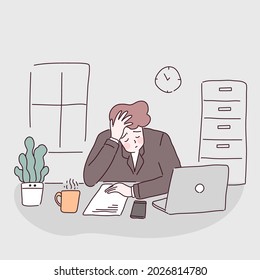 Ilustración vectorial de concepto de explosión. Trabajador de oficina de hombres cansados sentados en la silla, lugar de trabajo de quemado, energía de batería de baja carga, fatiga o agotados, solicita ayuda