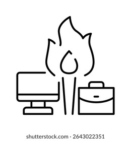 Burnout crisis icon Thin line symbol of workplace overload with fire laptop and briefcase representing remote job pressure