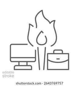 Burnout crisis icon Thin line symbol of workplace overload with fire laptop and briefcase representing remote job pressure