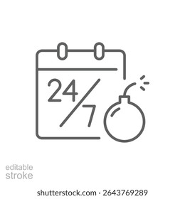 Burnout deadline calendar icon Editable outline clock and bomb symbol showing nonstop work fatigue stress thin line graphic for remote job pressure