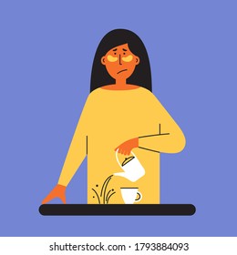 Burnout, depression or anxiety concept. Tired sad girl pours coffee past cup. Female mental health issue, feeling of frustrated. Exhausted sleepy woman with under eyes patches. Vector illustration