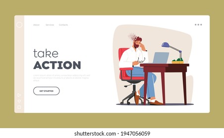 Burnout, Depression, Headache Migraine Landing Page Template. . Depressed Upset Business Man Character Sitting at Workplace with Head Fall Apart on Pieces. Sad Man Suffer. Cartoon Vector Illustration
