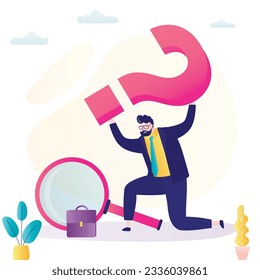 Burnout, emotional pressure and workload. Worker man or businessman tries to lift big question mark. Search and find answers. Overcoming business obstacles. Workload is too heavy. vector illustration